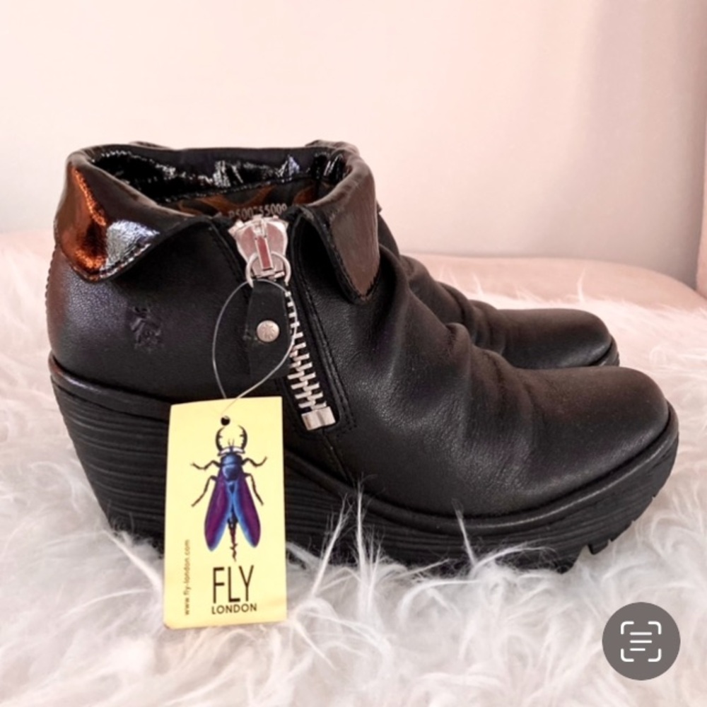 Fly London Black Wedge Shoes Leather Shoes Patent Detailing